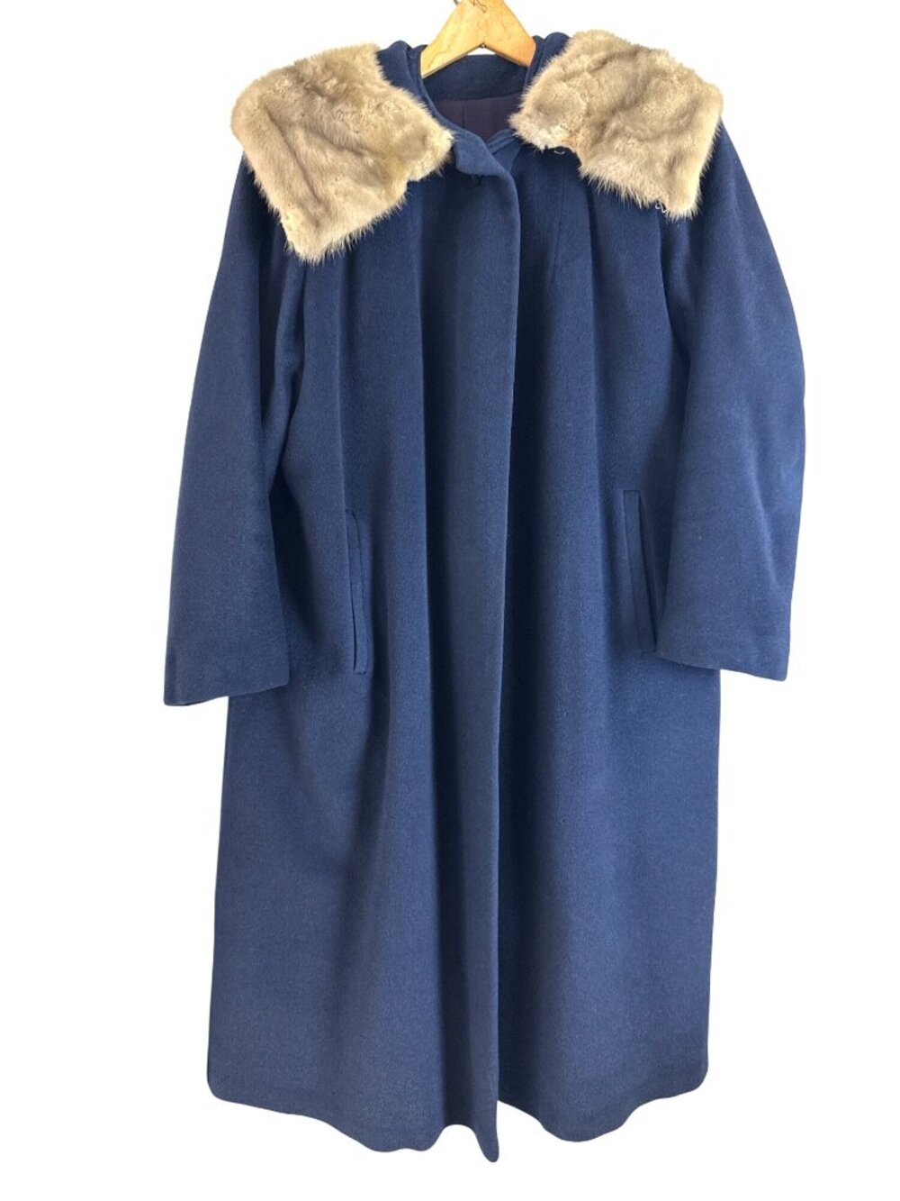 Vintage Rothmoor Navy Long Wool Coat Fur Collar Elegant Old Money Size XL